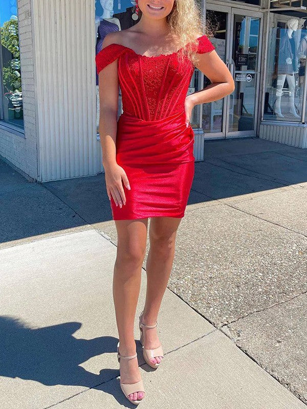 Sheath/Column Elastic Woven Satin Ruched Off-the-Shoulder Sleeveless Corset Short/Mini Prom Dress