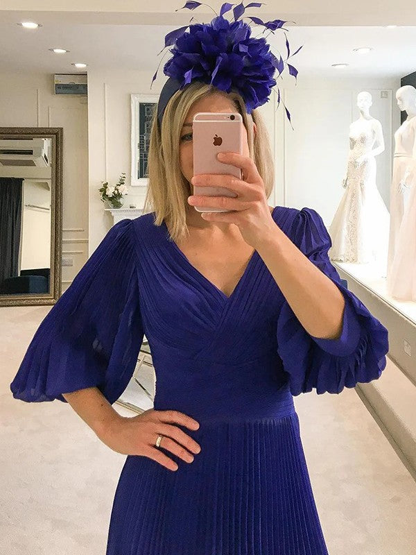 A-Line/Princess Chiffon Ruffles V-neck 3/4 Sleeves Tea-Length Mother of the Bride Dress