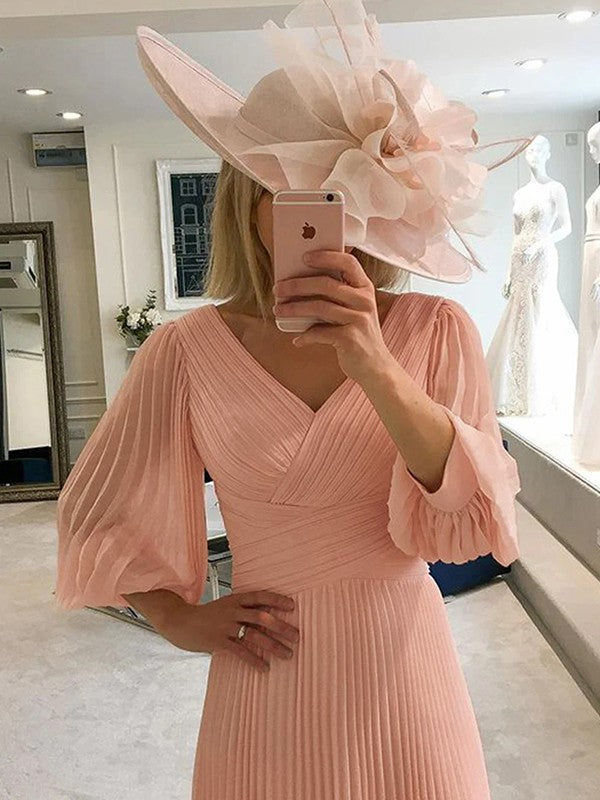 A-Line/Princess Chiffon Ruffles V-neck 3/4 Sleeves Tea-Length Mother of the Bride Dress