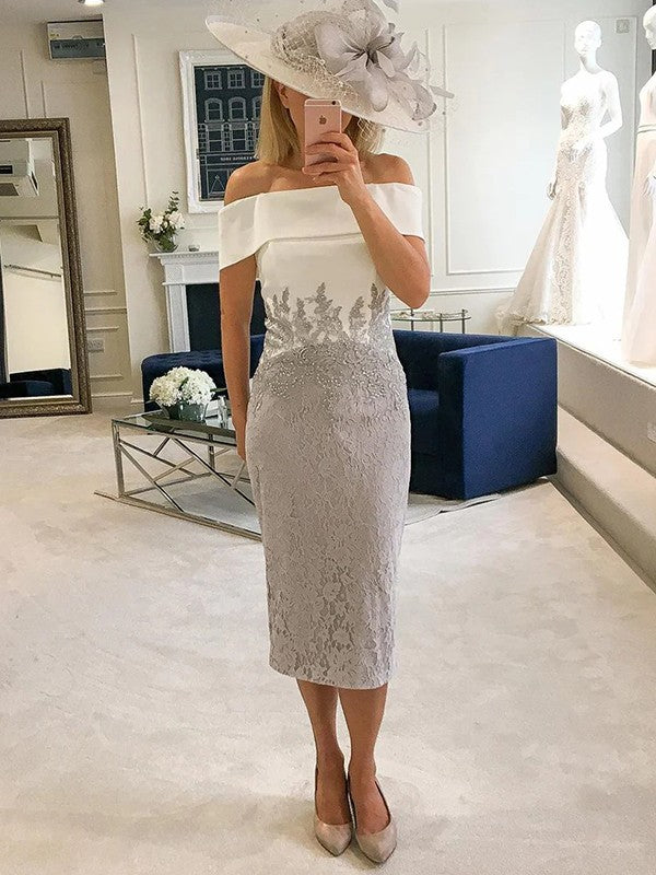 Sheath/Column Lace Off-the-Shoulder Sleeveless Tea-Length Mother of the Bride Dress