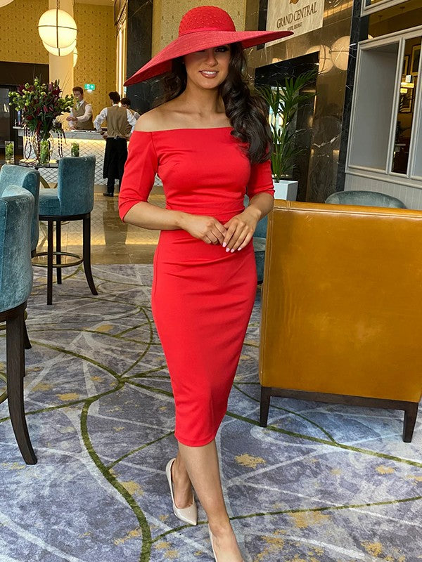 Sheath/Column Stretch Crepe Ruched Off-the-Shoulder 1/2 Sleeves Tea-Length Mother of the Bride Dress