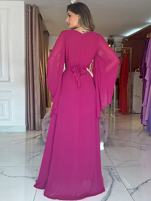 A-Line/Princess Chiffon Ruched V-neck Long Sleeves Floor-Length Mother of the Bride Dress