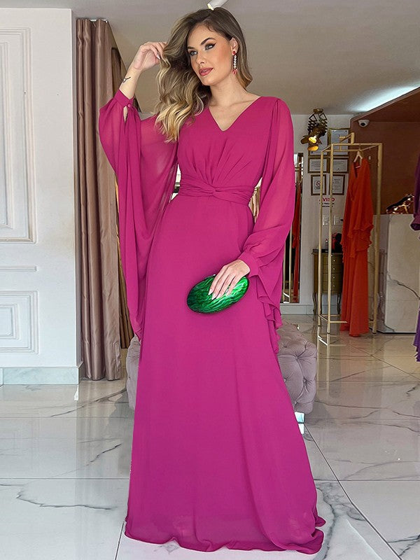 A-Line/Princess Chiffon Ruched V-neck Long Sleeves Floor-Length Mother of the Bride Dress
