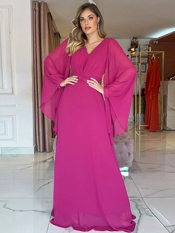 A-Line/Princess Chiffon Ruched V-neck Long Sleeves Floor-Length Mother of the Bride Dress