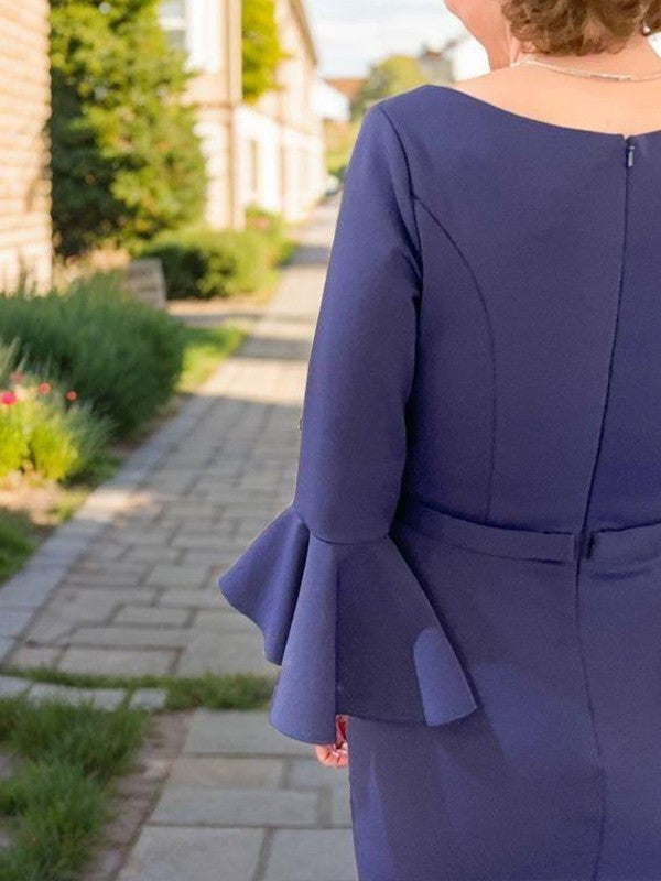 Sheath Scoop 3/4 Sleeves Pleated Sweep Train Charmeuse Mother of the Bride Dress