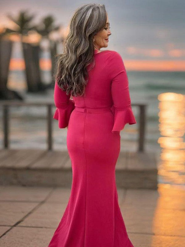 Sheath Scoop 3/4 Sleeves Pleated Sweep Train Charmeuse Mother of the Bride Dress