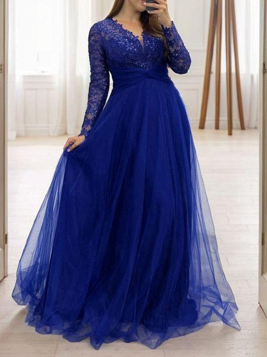 A-line V-neck Long Sleeves Appliques Lace Floor-Length Tulle Mother of the Bride Dress