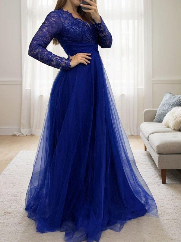 A-line V-neck Long Sleeves Appliques Lace Floor-Length Tulle Mother of the Bride Dress