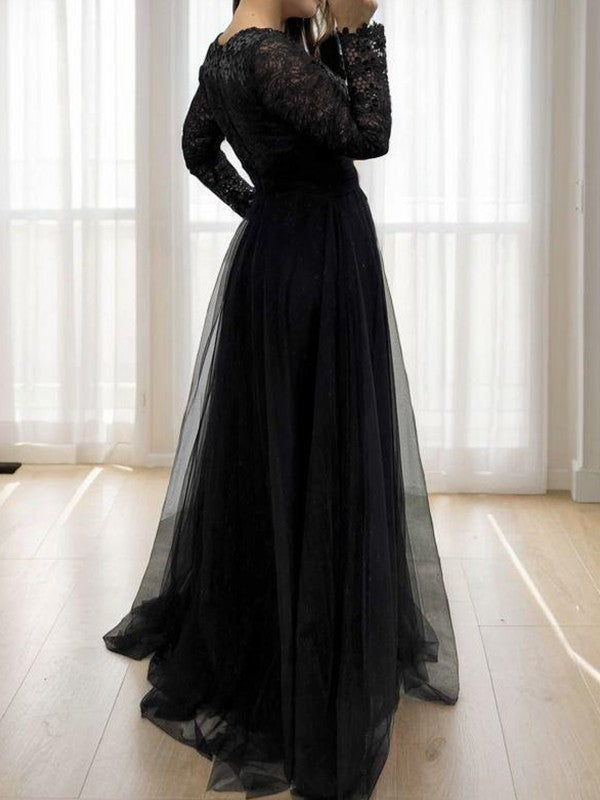 A-line V-neck Long Sleeves Appliques Lace Floor-Length Tulle Mother of the Bride Dress