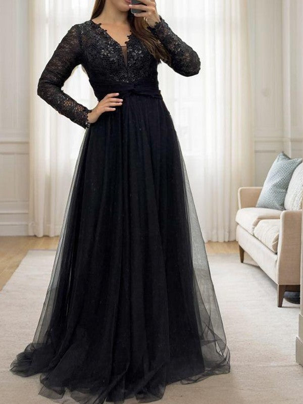A-line V-neck Long Sleeves Appliques Lace Floor-Length Tulle Mother of the Bride Dress