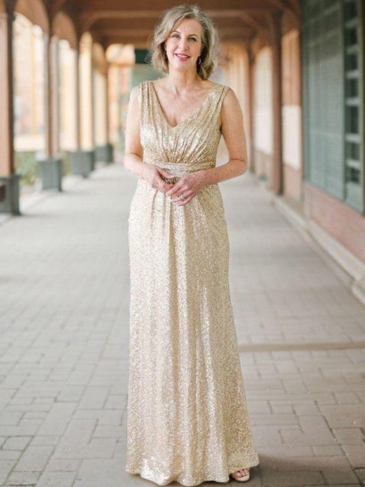 A-line V-neck Pleated Floor-Length Sequins Mother of the Bride Dress