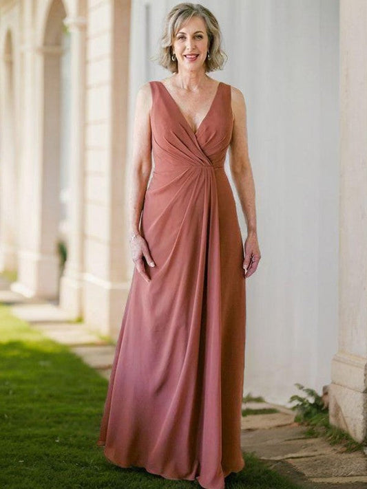 A-line V-neck Pleated Floor-Length Chiffon Mother of the Bride Dress