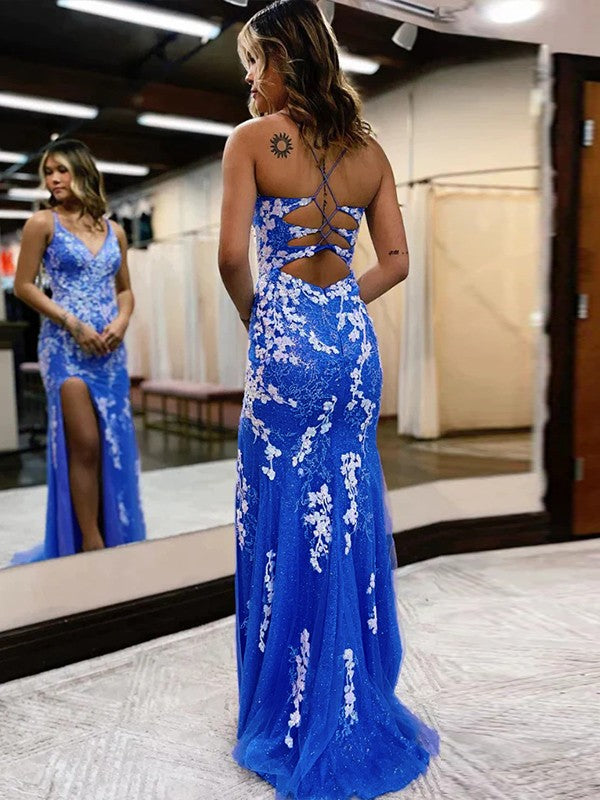 Sheath/Column Tulle Applique V-neck Sleeveless Sweep/Brush Train Prom Dress