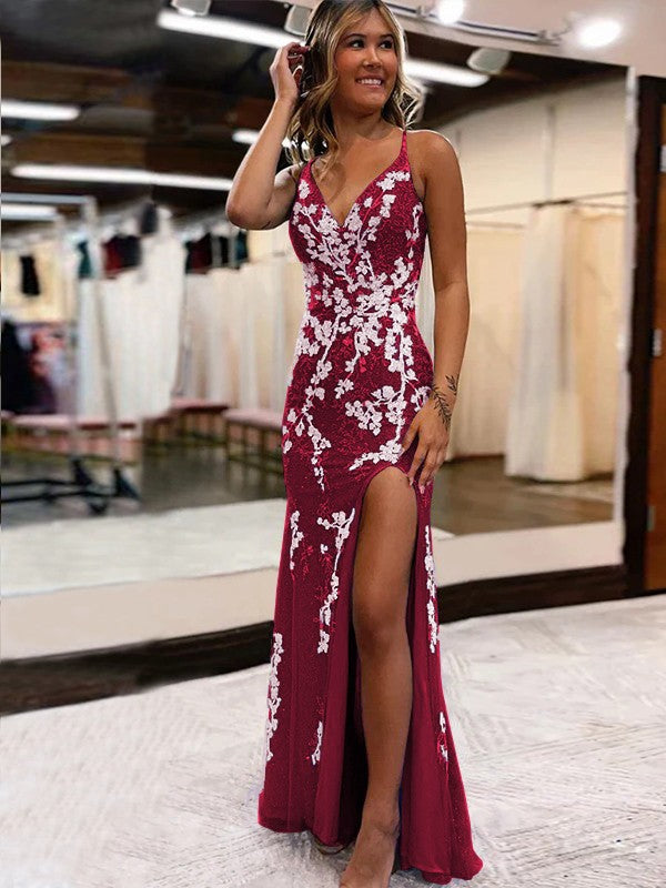 Sheath/Column Tulle Applique V-neck Sleeveless Sweep/Brush Train Prom Dress