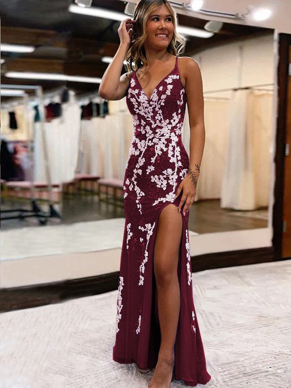 Sheath/Column Tulle Applique V-neck Sleeveless Sweep/Brush Train Prom Dress