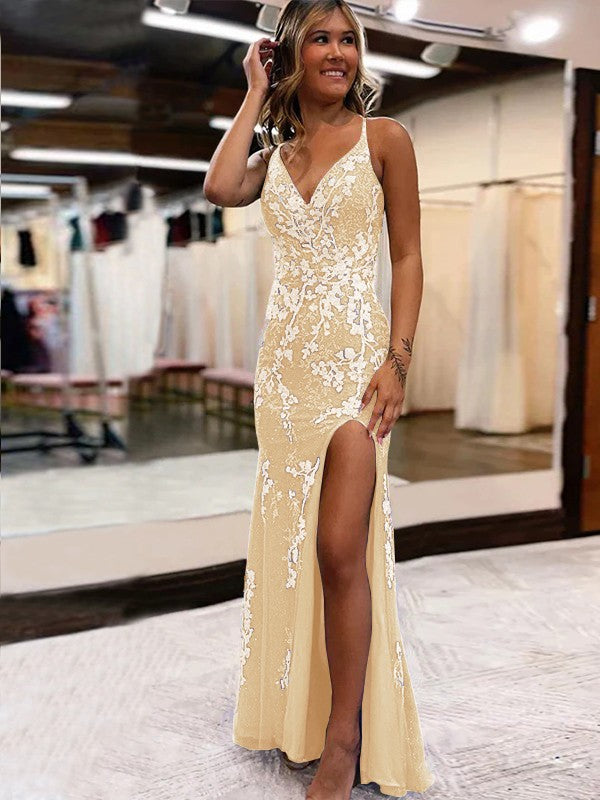 Sheath/Column Tulle Applique V-neck Sleeveless Sweep/Brush Train Prom Dress