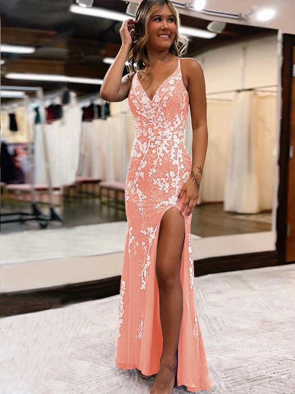 Sheath/Column Tulle Applique V-neck Sleeveless Sweep/Brush Train Prom Dress