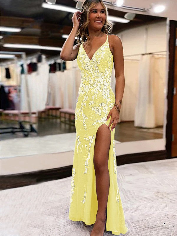 Sheath/Column Tulle Applique V-neck Sleeveless Sweep/Brush Train Prom Dress