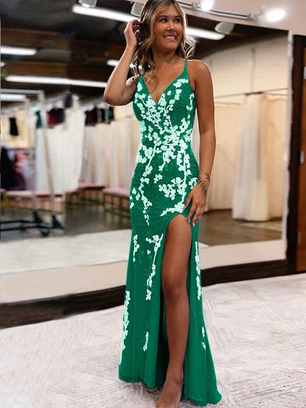 Sheath/Column Tulle Applique V-neck Sleeveless Sweep/Brush Train Prom Dress
