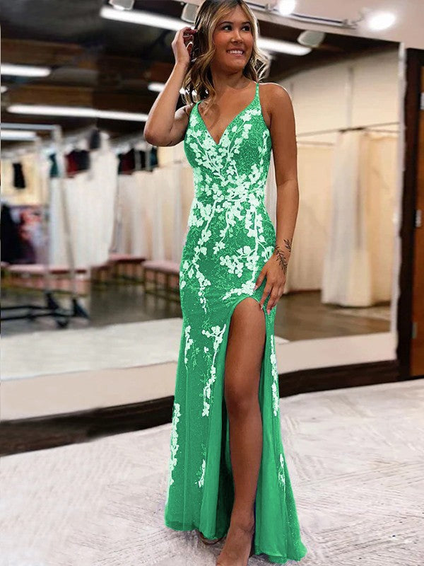 Sheath/Column Tulle Applique V-neck Sleeveless Sweep/Brush Train Prom Dress