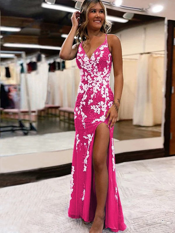 Sheath/Column Tulle Applique V-neck Sleeveless Sweep/Brush Train Prom Dress