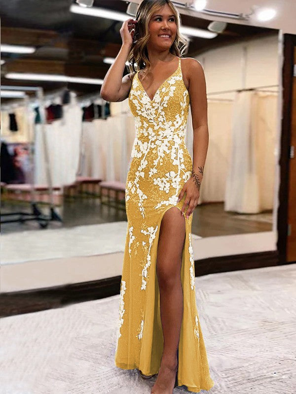 Sheath/Column Tulle Applique V-neck Sleeveless Sweep/Brush Train Prom Dress
