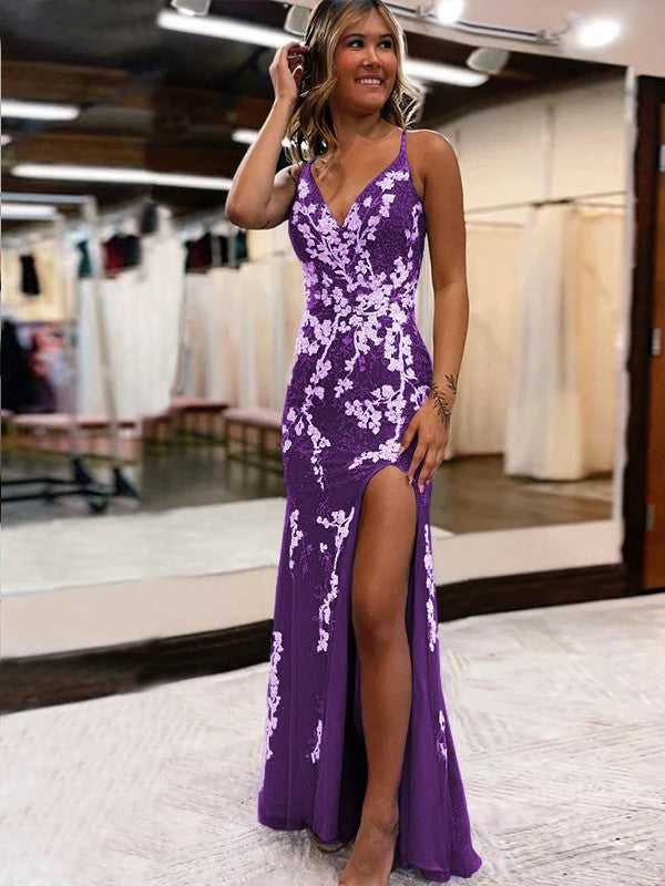 Sheath/Column Tulle Applique V-neck Sleeveless Sweep/Brush Train Prom Dress