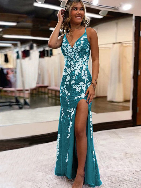 Sheath/Column Tulle Applique V-neck Sleeveless Sweep/Brush Train Prom Dress
