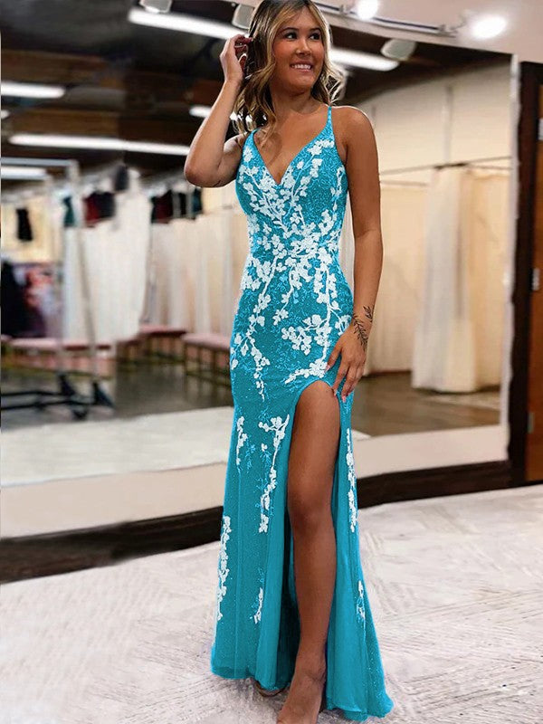 Sheath/Column Tulle Applique V-neck Sleeveless Sweep/Brush Train Prom Dress