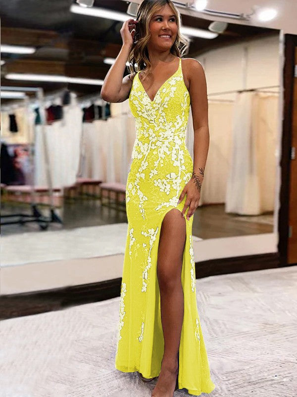 Sheath/Column Tulle Applique V-neck Sleeveless Sweep/Brush Train Prom Dress