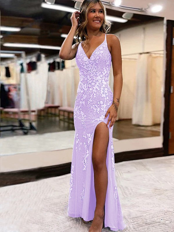 Sheath/Column Tulle Applique V-neck Sleeveless Sweep/Brush Train Prom Dress