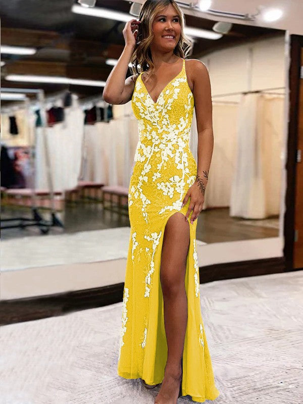 Sheath/Column Tulle Applique V-neck Sleeveless Sweep/Brush Train Prom Dress