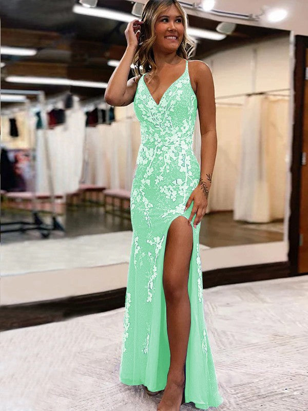 Sheath/Column Tulle Applique V-neck Sleeveless Sweep/Brush Train Prom Dress