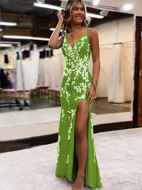 Sheath/Column Tulle Applique V-neck Sleeveless Sweep/Brush Train Prom Dress