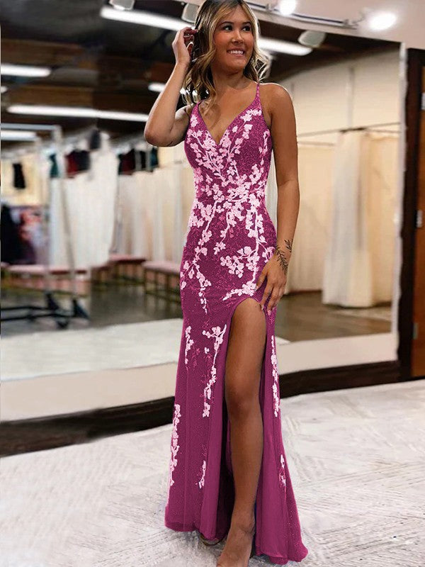 Sheath/Column Tulle Applique V-neck Sleeveless Sweep/Brush Train Prom Dress