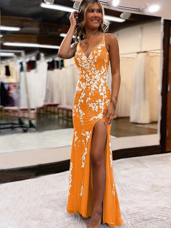 Sheath/Column Tulle Applique V-neck Sleeveless Sweep/Brush Train Prom Dress