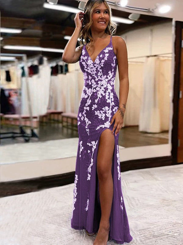 Sheath/Column Tulle Applique V-neck Sleeveless Sweep/Brush Train Prom Dress