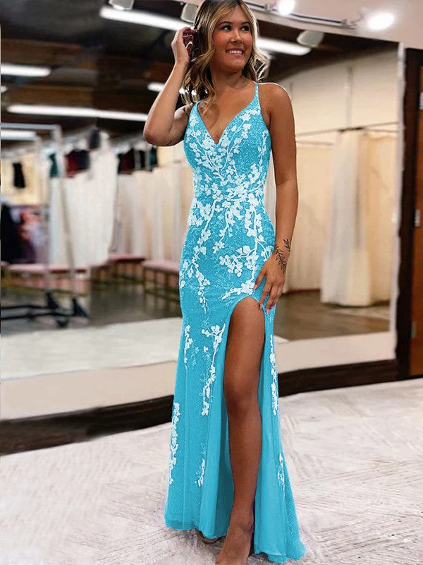 Sheath/Column Tulle Applique V-neck Sleeveless Sweep/Brush Train Prom Dress