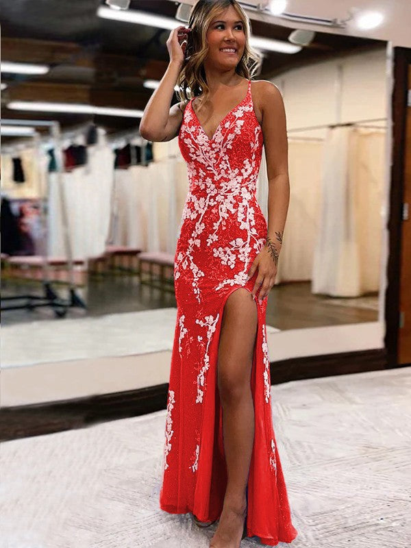 Sheath/Column Tulle Applique V-neck Sleeveless Sweep/Brush Train Prom Dress
