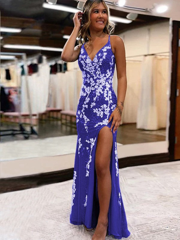 Sheath/Column Tulle Applique V-neck Sleeveless Sweep/Brush Train Prom Dress