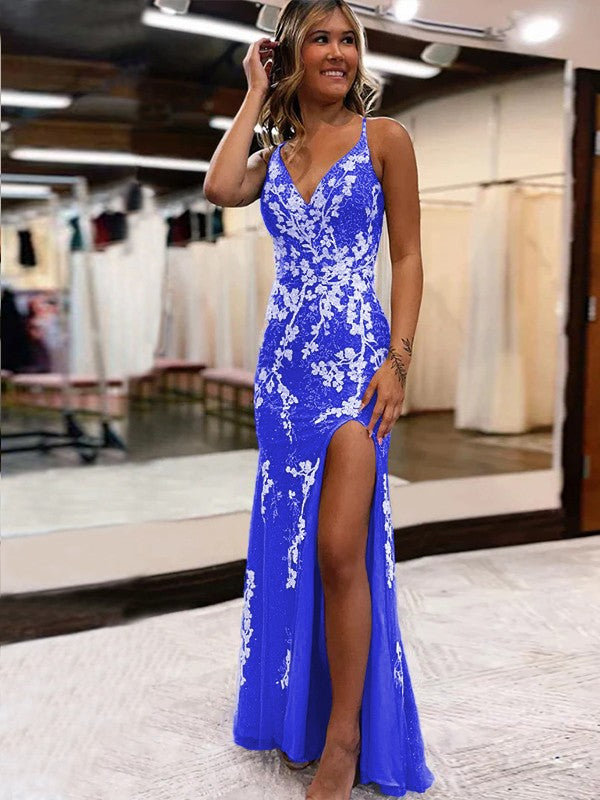 Sheath/Column Tulle Applique V-neck Sleeveless Sweep/Brush Train Prom Dress