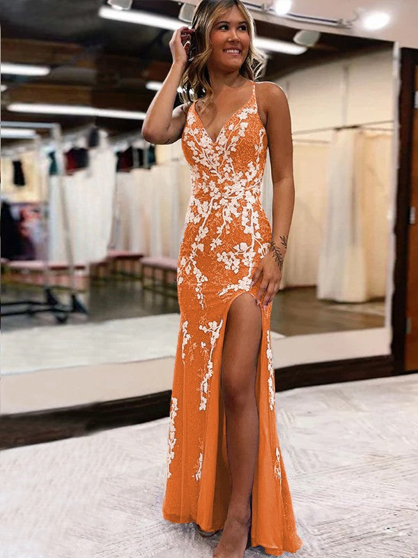 Sheath/Column Tulle Applique V-neck Sleeveless Sweep/Brush Train Prom Dress
