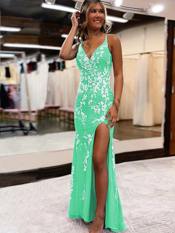 Sheath/Column Tulle Applique V-neck Sleeveless Sweep/Brush Train Prom Dress
