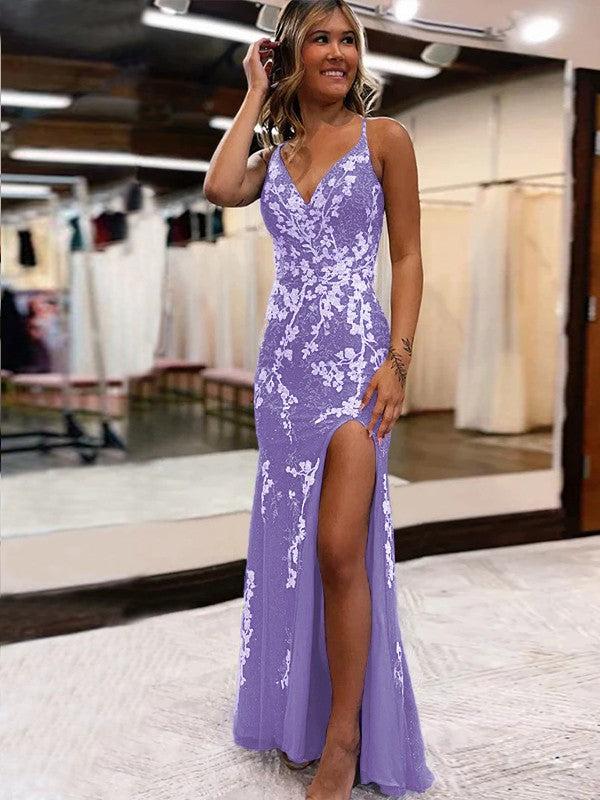 Sheath/Column Tulle Applique V-neck Sleeveless Sweep/Brush Train Prom Dress