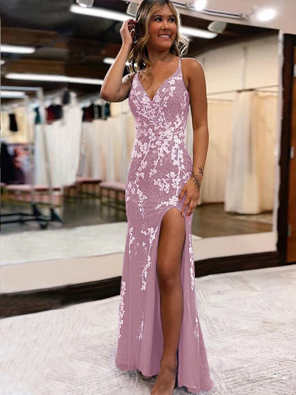 Sheath/Column Tulle Applique V-neck Sleeveless Sweep/Brush Train Prom Dress
