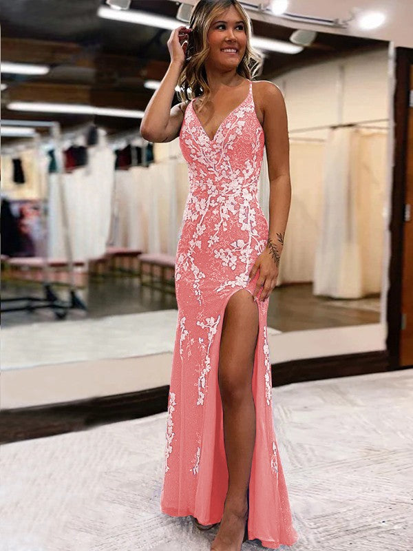 Sheath/Column Tulle Applique V-neck Sleeveless Sweep/Brush Train Prom Dress