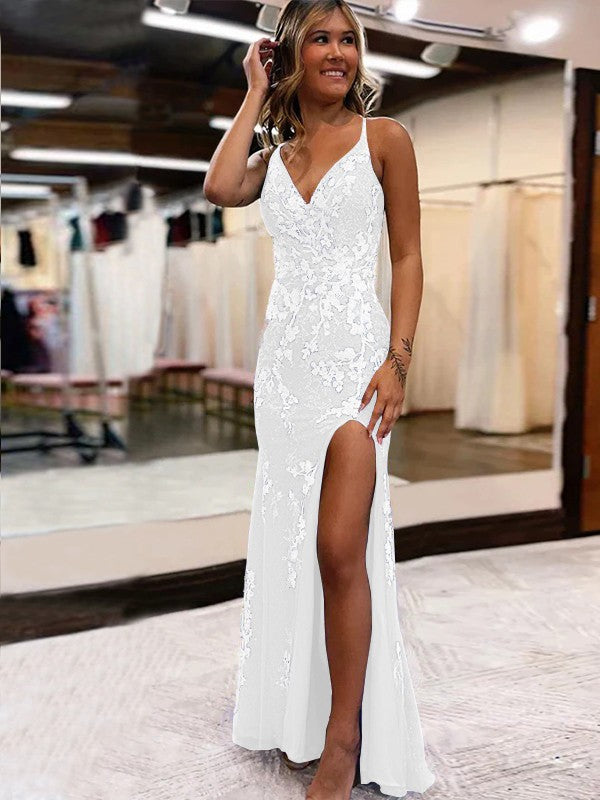 Sheath/Column Tulle Applique V-neck Sleeveless Sweep/Brush Train Prom Dress