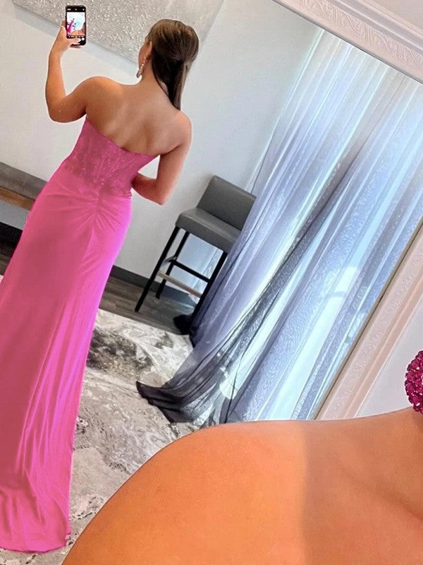 Sheath/Column Stretch Crepe Applique Sweetheart Sleeveless Sweep/Brush Train Corset Prom Dress