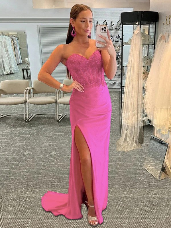 Sheath/Column Stretch Crepe Applique Sweetheart Sleeveless Sweep/Brush Train Corset Prom Dress