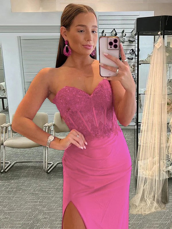 Sheath/Column Stretch Crepe Applique Sweetheart Sleeveless Sweep/Brush Train Corset Prom Dress